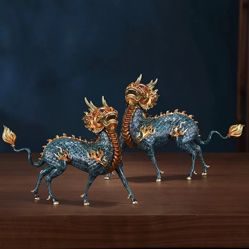 麒麟摆件一对招财火麒麟公母办公室家居装饰黄铜摆件乔迁礼品