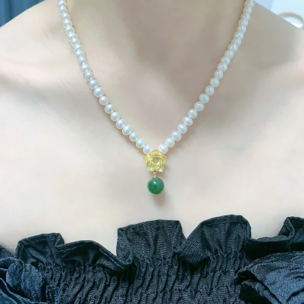 天然淡水珍珠925银镶嵌轻奢和田玉花朵项链女款 高级感小众新中式