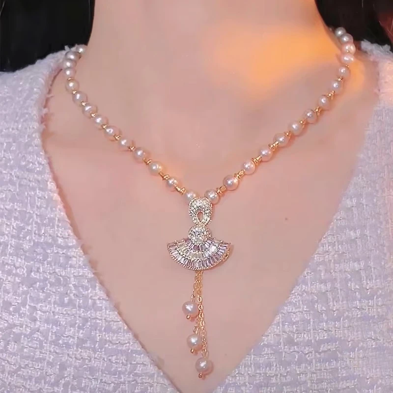 天然淡水珍珠裙摆吊坠项链欧美时尚小众设计感锁骨链颈链女百搭
