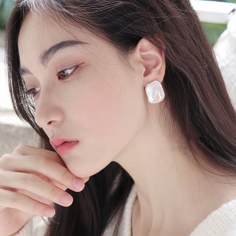 天然淡水珍珠耳钉女方形巴洛克独特不规则设计感耳环复古气质耳饰