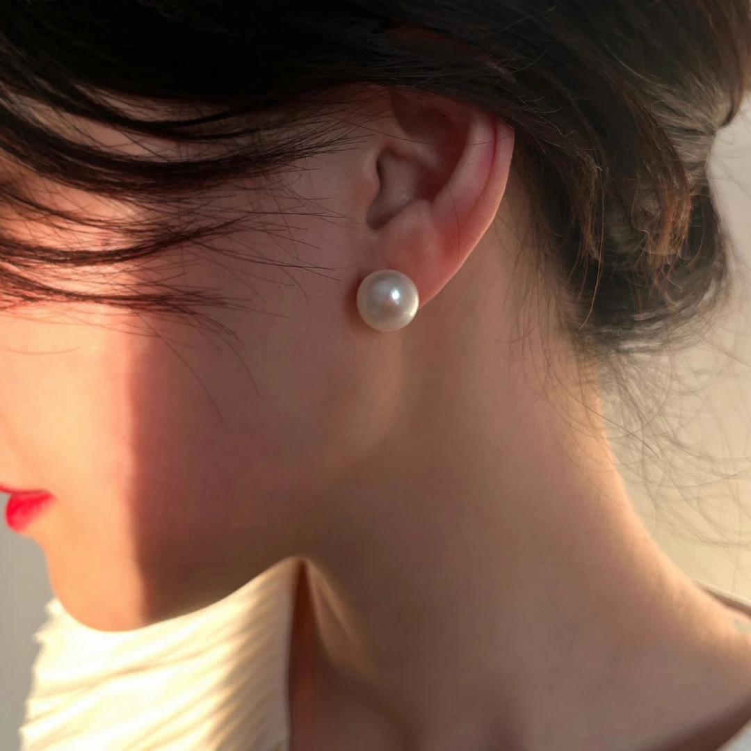 天然淡水珍珠馒头珠白色耳钉女大尺寸基础款经典气质百搭简约耳饰