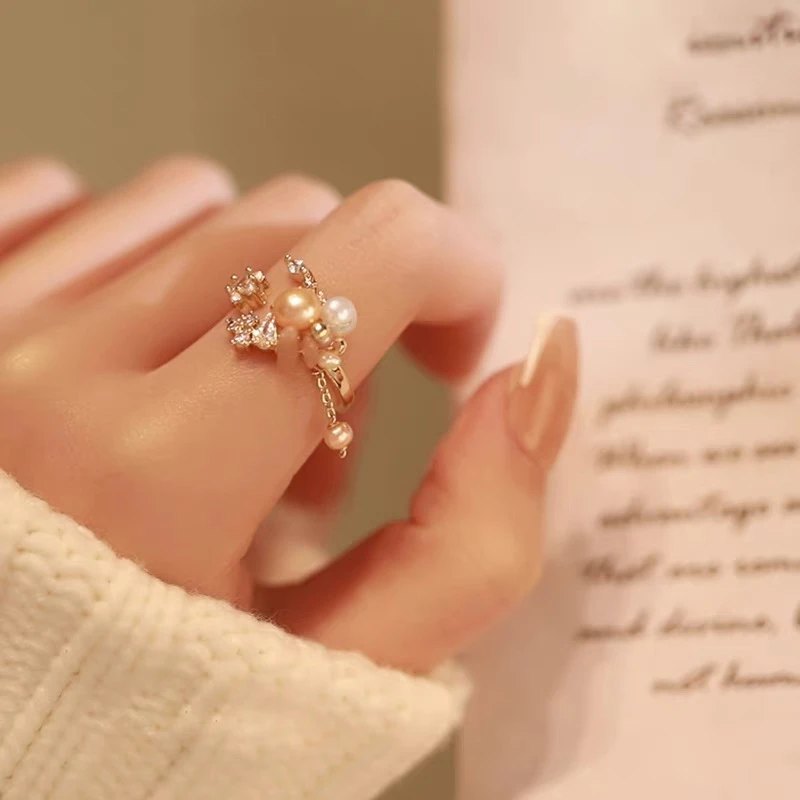 天然淡水珍珠戒指女众星捧月月亮戒圈百搭轻奢高级食指开口戒指环