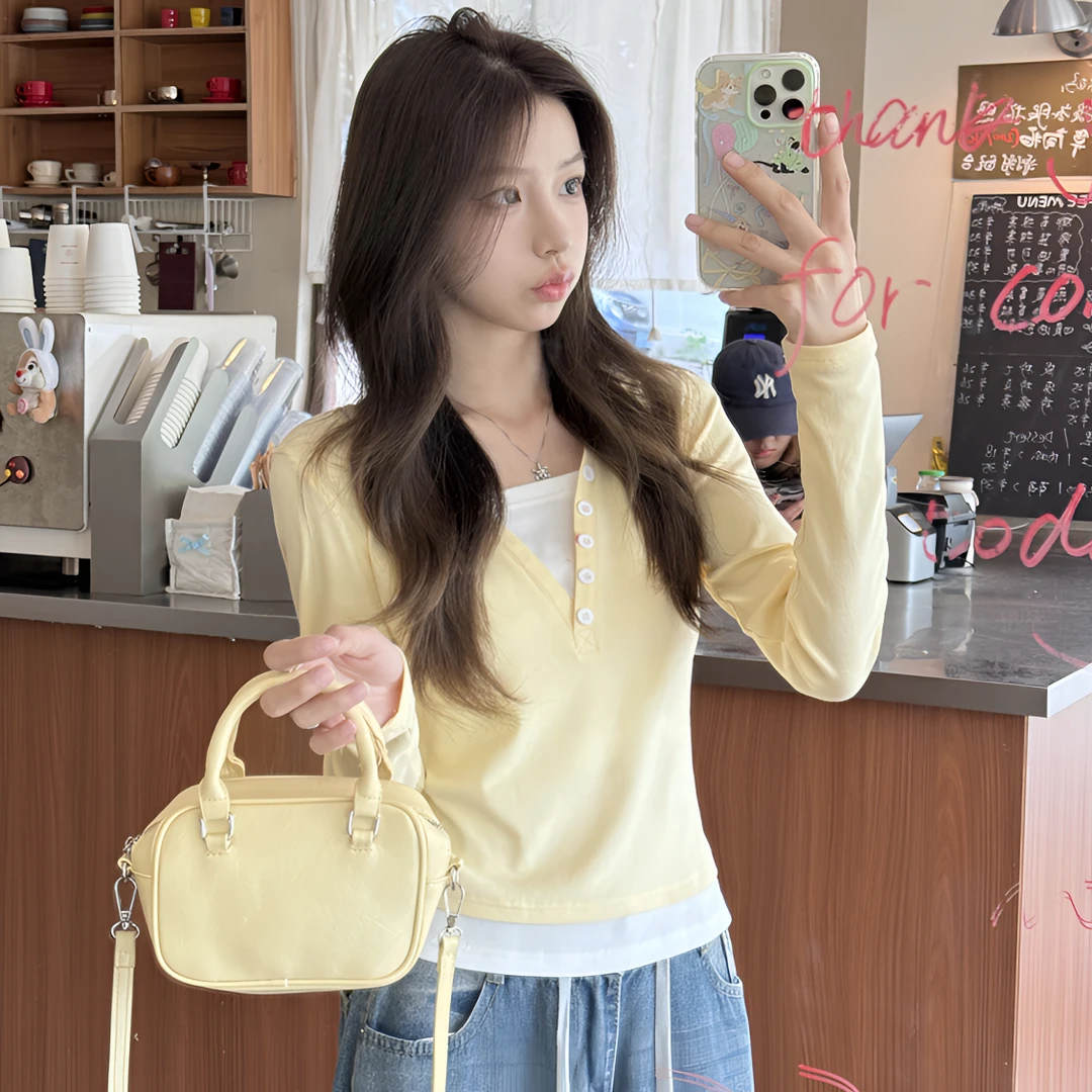 设计感假两件长袖T恤女春秋季2025爆款小众修身独特别致正肩上衣