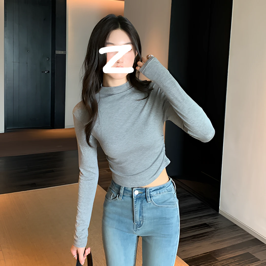 磨毛加厚修身打底衫女秋冬网红收腰显瘦辣妹长袖t恤半高领上衣ins