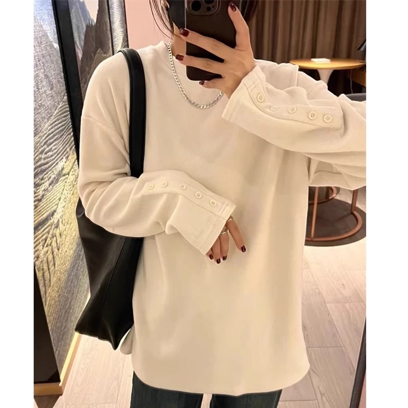 遮屁股卡其色德绒加厚打底衫女内搭秋冬韩范宽松加绒纽扣长袖t恤