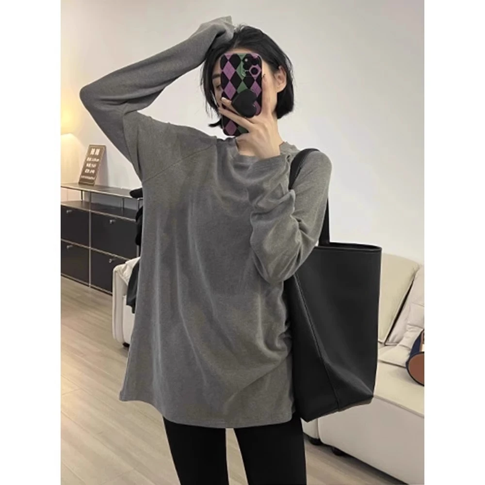 德绒打底衫女2024新款秋冬宽松慵懒风设计感小众灰色t恤内搭上衣