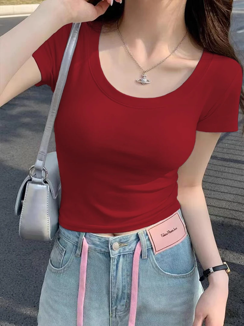 棉质正肩休闲短袖T恤女夏日舒适百搭时尚圆领高考毕业季上衣酒红