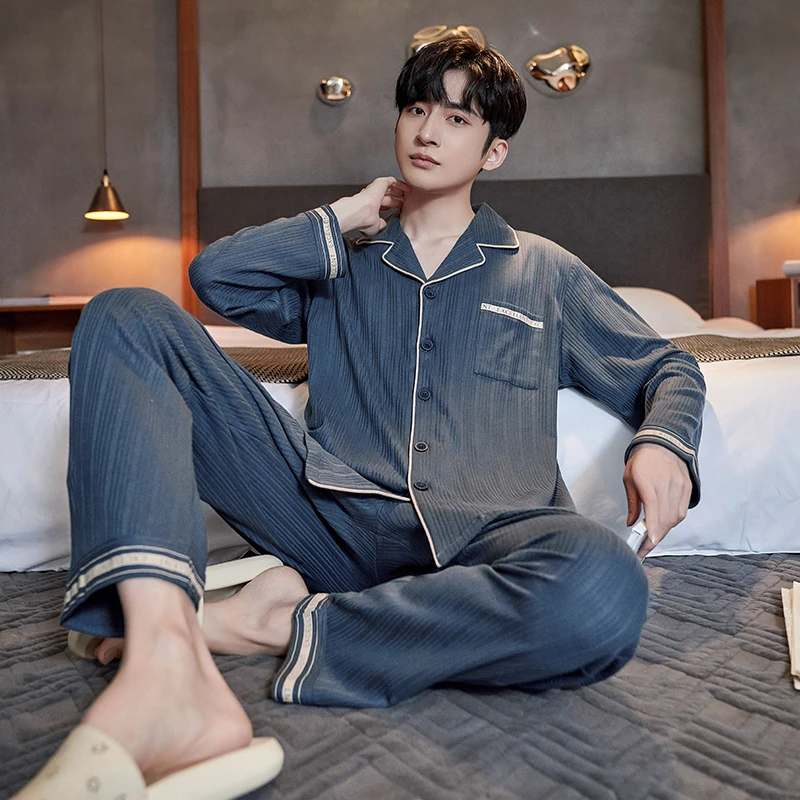 100%纯棉男士睡衣可外穿家居服坑条提花高档显高显瘦柔软多色可选