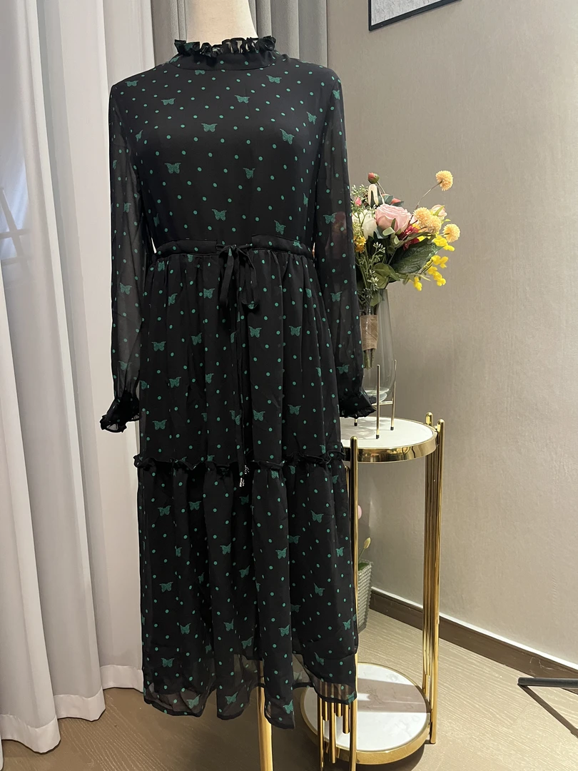 ZS新C73黑底绿波点YS长袖宽松连衣裙女装连衣裙显瘦碎花长款