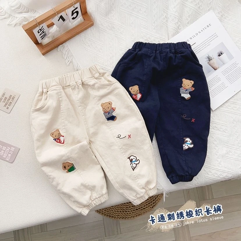 新款中小童23春款日系儿童梭织长裤卡通刺绣男童女童休闲裤子包邮