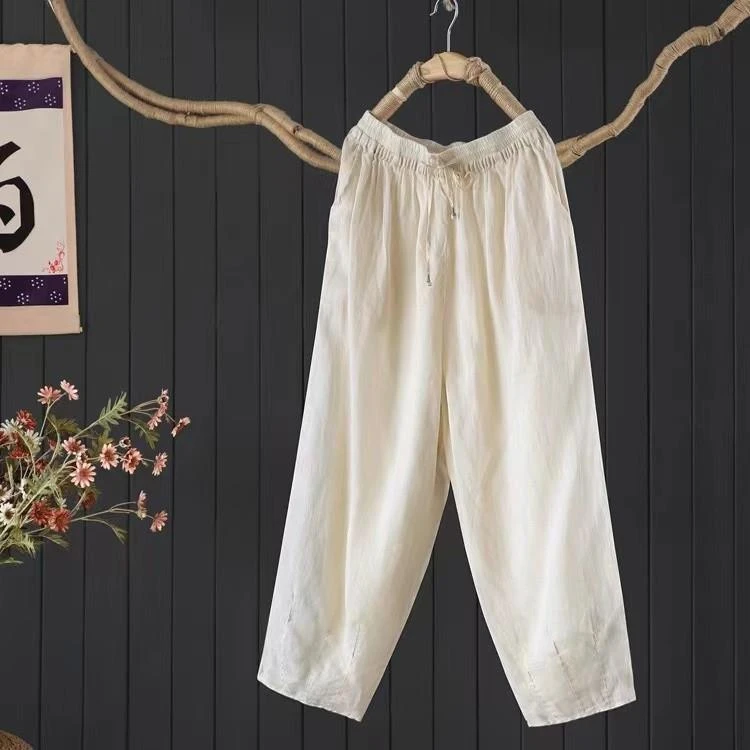 2024夏季新款100支苎麻松紧高腰气质百搭显透气防晒女士9分休闲裤