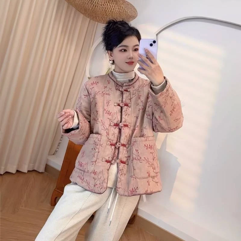 国风中式盘扣立领加厚棉服女2024冬季新款时尚休闲女士棉衣