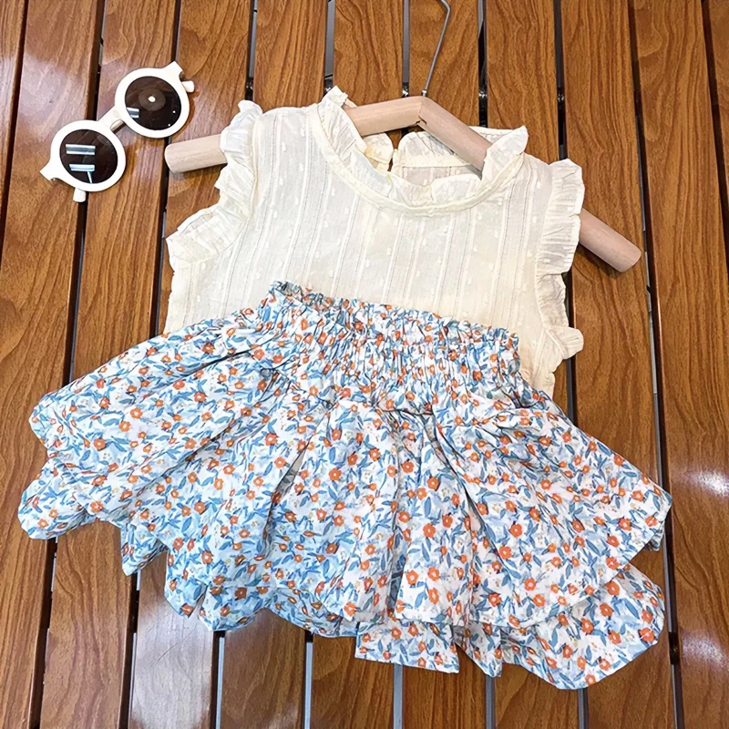 洋气儿童女宝宝韩版夏季夏款碎花裙裤无袖背心女童小童甜美两件套