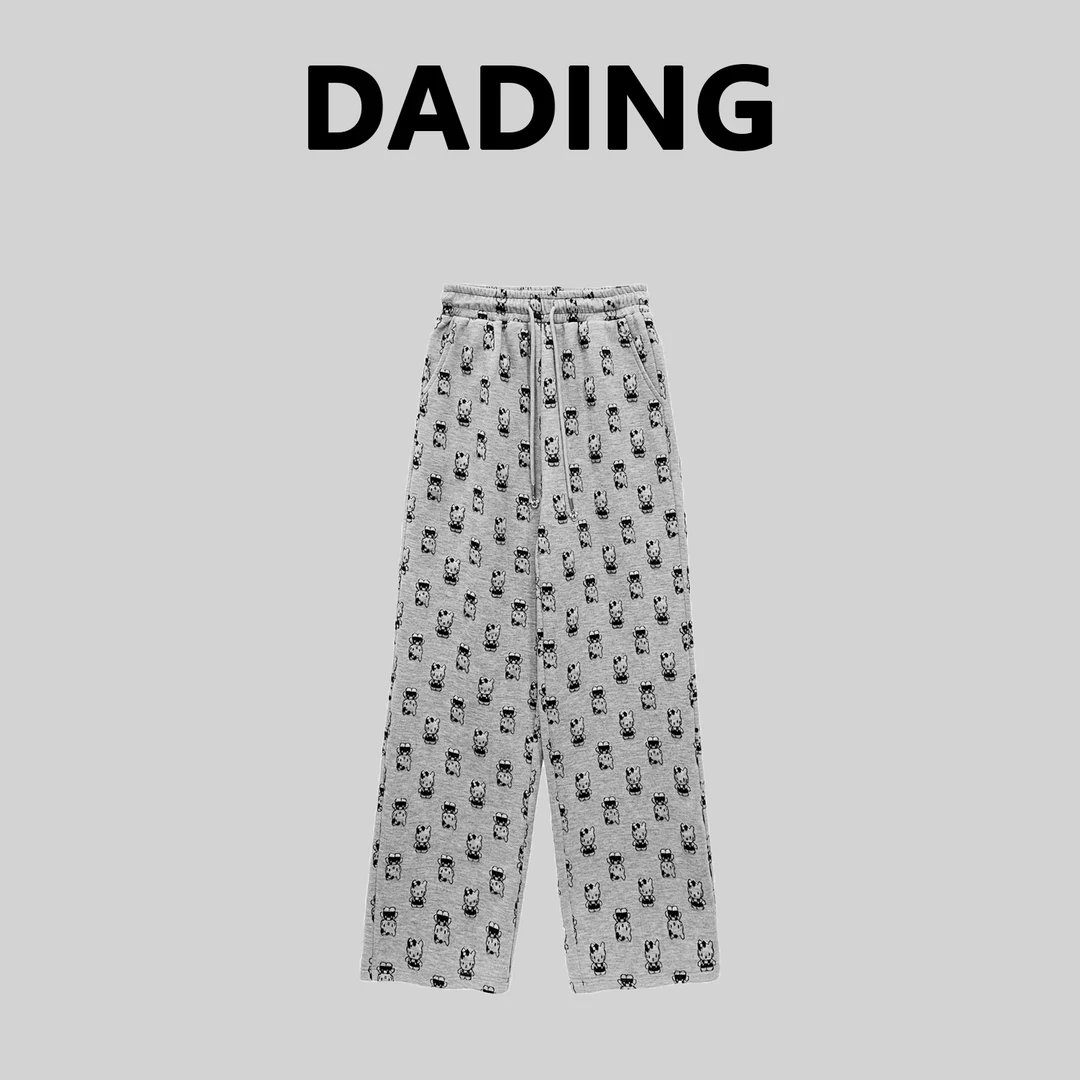 DADING【满印小猫】早春新款复古抽绳休闲卡通直筒阔腿裤199696