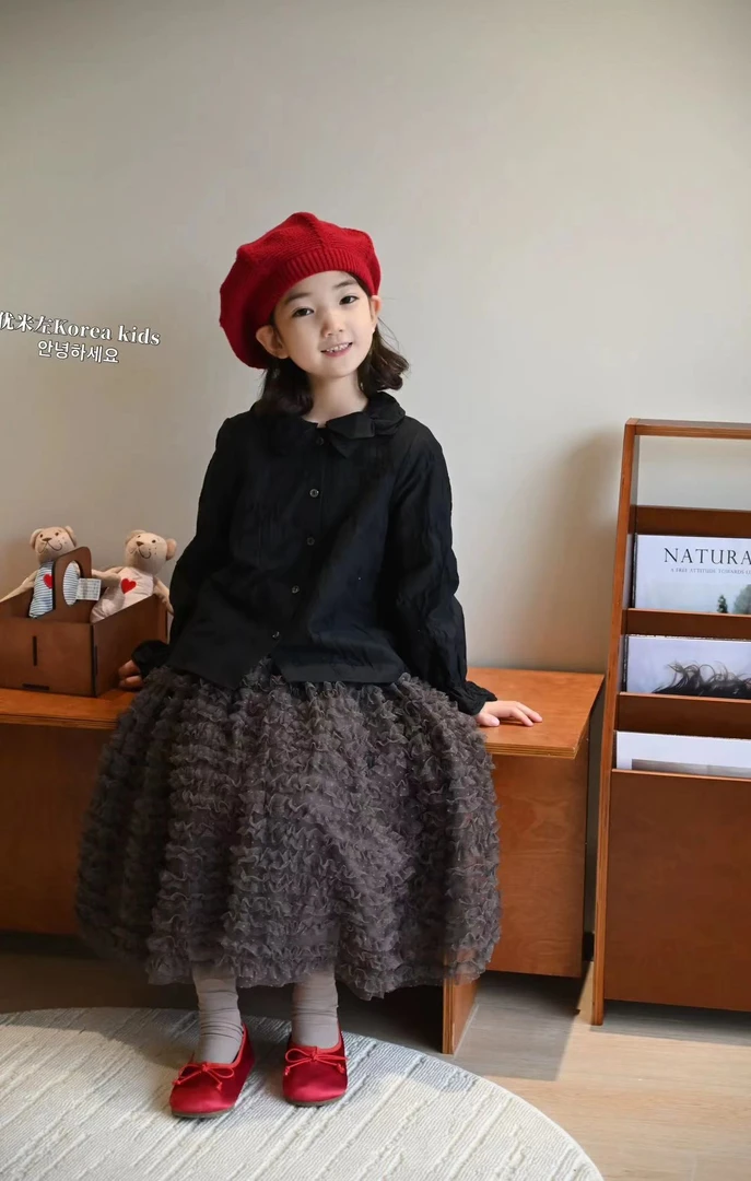 米卿兔儿童衬衣秋装2024新款洋气时髦童装上衣女孩黑色时尚衬衫