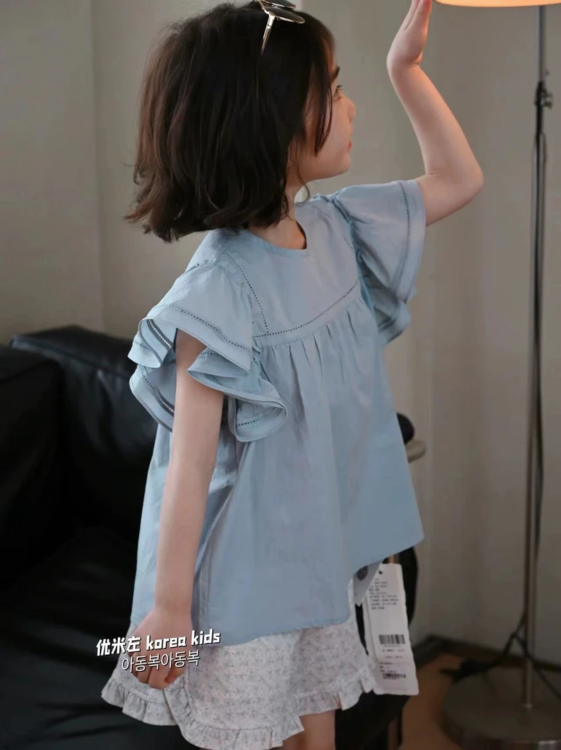 米卿兔品牌童装韩版洋气2024夏装女孩小飞袖上衣名媛风娃娃衫衬衫