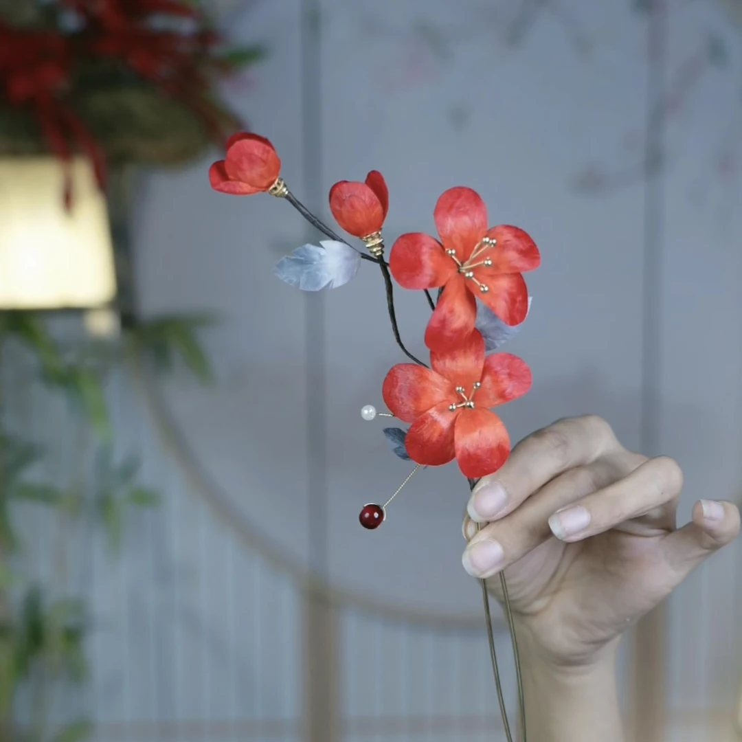 大麦吖古风发饰汉服绒花发簪 一对手工制作默认微瑕