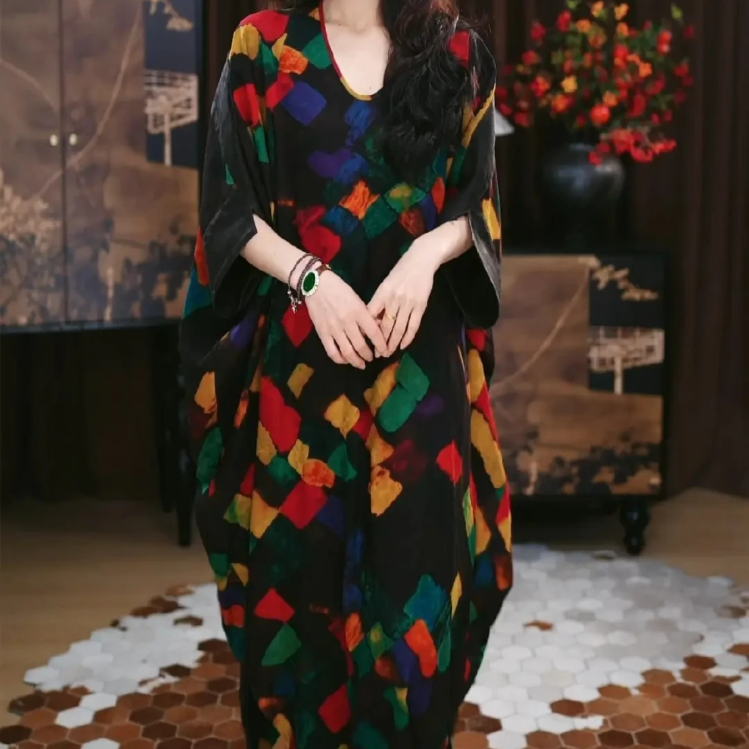 【星莜】香云纱长款重磅时尚春夏提花遮肉印花复古国风长裙连衣裙