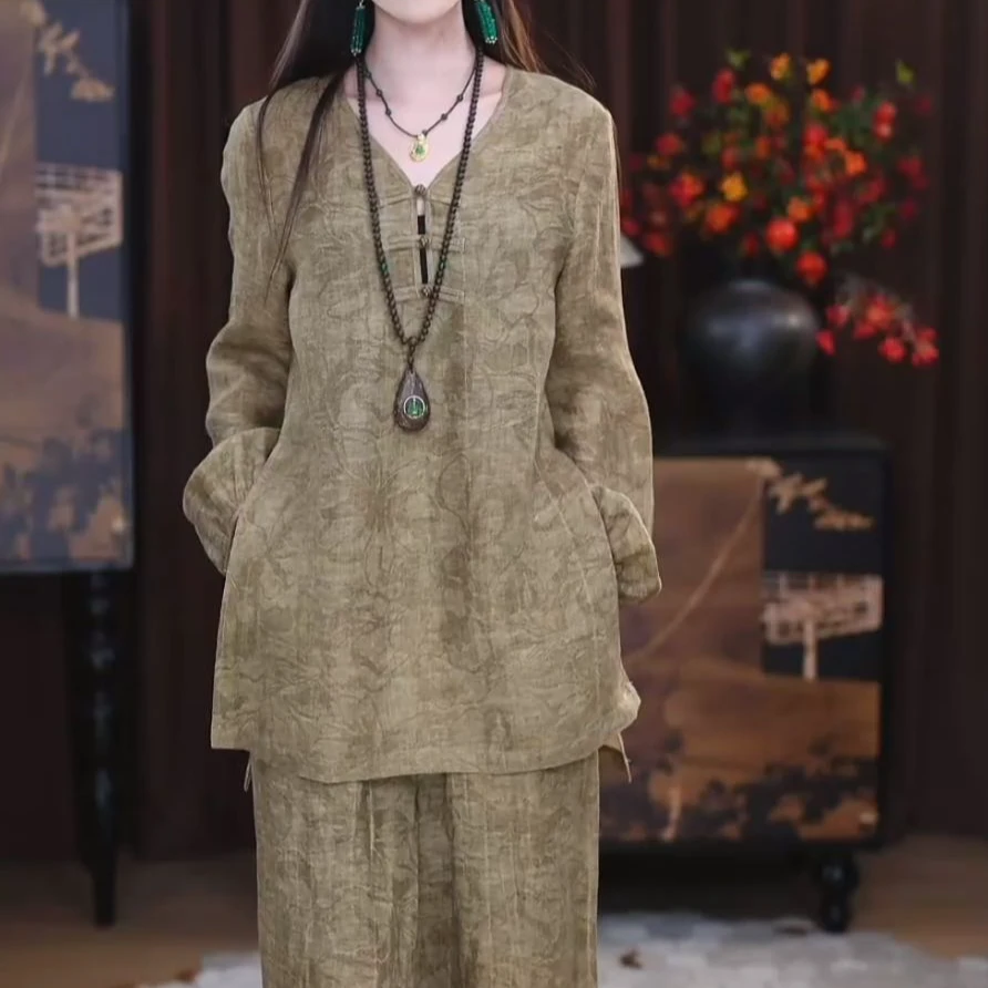 【文婷】新中式气质复古显瘦春秋宽松国风花色短款洋气上衣