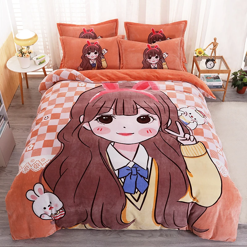 加厚牛奶绒卡通被套四件套床单床上加绒双面绒法兰绒宿舍三件套冬