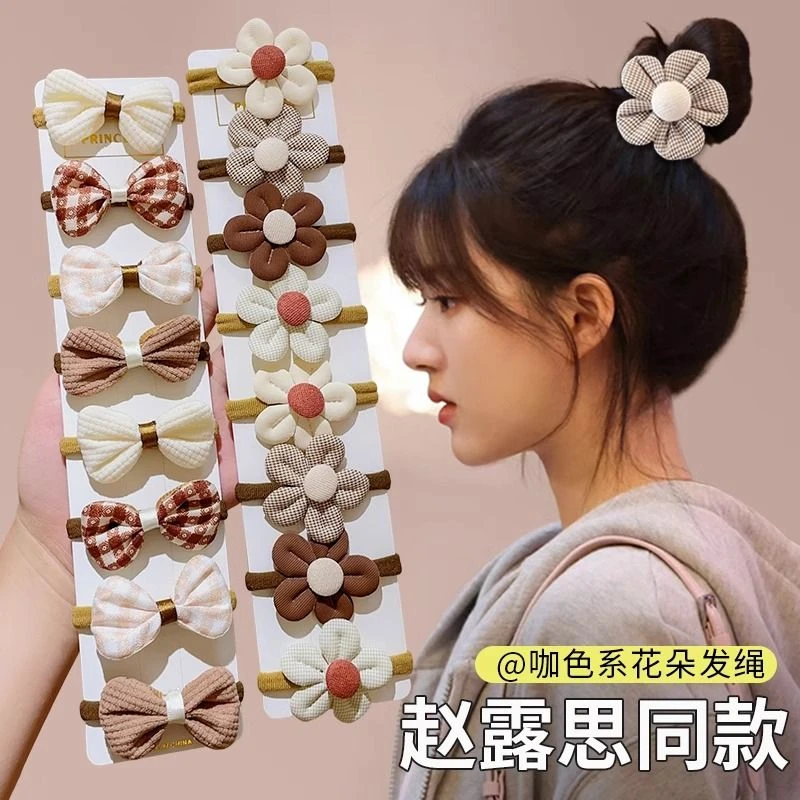 蝴蝶结可爱奶咖色儿童发圈小学生高弹力花朵毛巾圈女洋气耐用发饰