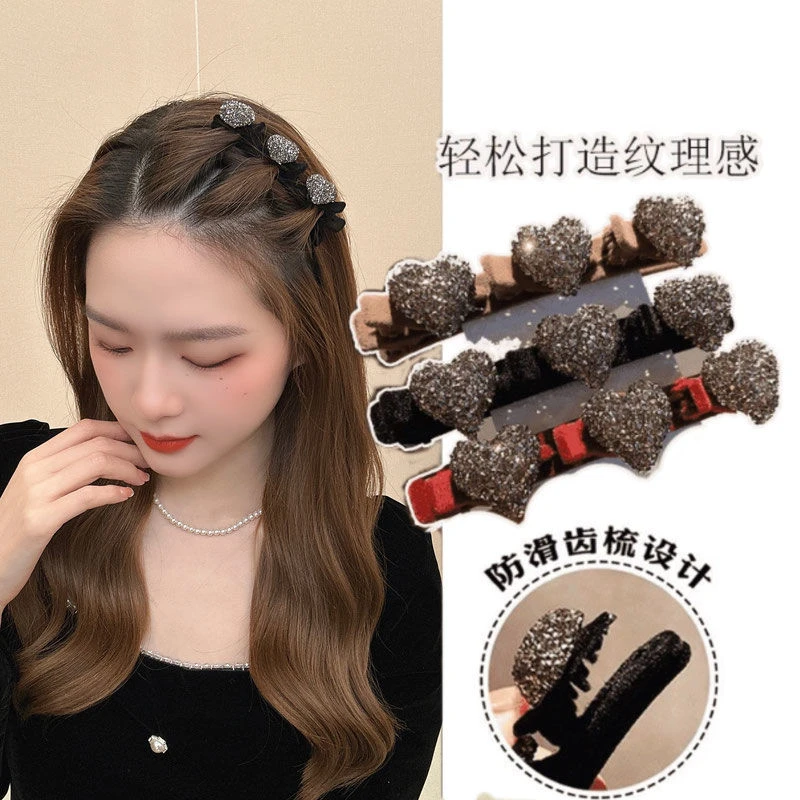 编发夹闪钻爱心植绒高级感发夹女秋冬侧边编发刘海前额头发夹网红