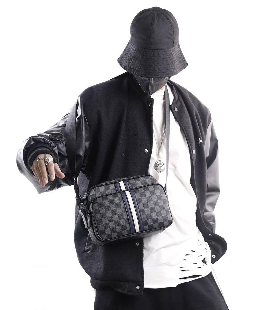时尚通勤风拉链男士单肩包男士编织斜挎包格纹百搭个性小挎包真皮