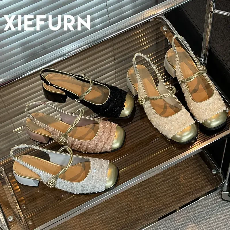 XIEFURN/鞋夫人2024夏季新款气质百搭方头浅口法式玛丽珍包头凉鞋