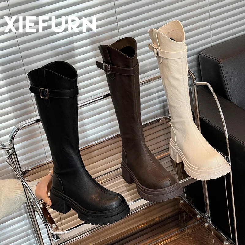 XIEFURN/鞋夫人厚底V口长筒靴子女2024秋冬显瘦不过膝骑士靴