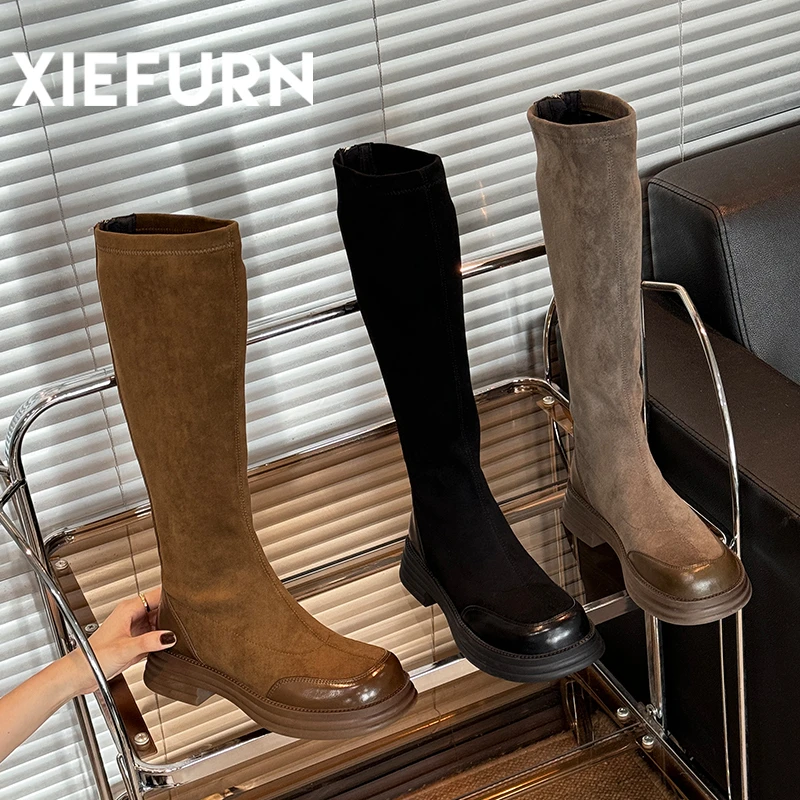 XIEFURN/鞋夫人2024早秋卡其色长筒靴女显高显瘦百搭厚底骑士靴