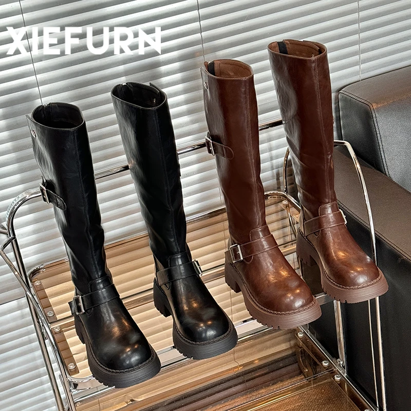 XIEFURN/鞋夫人棕色复古英伦风厚底长筒靴粗腿显瘦显高秋冬骑士靴