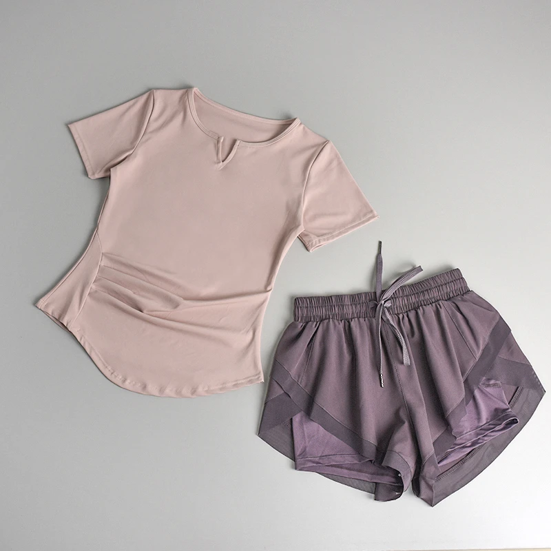 lulu运动套装女跑步速干瑜伽服上衣显瘦t恤v领收腰显瘦健身衣紧身