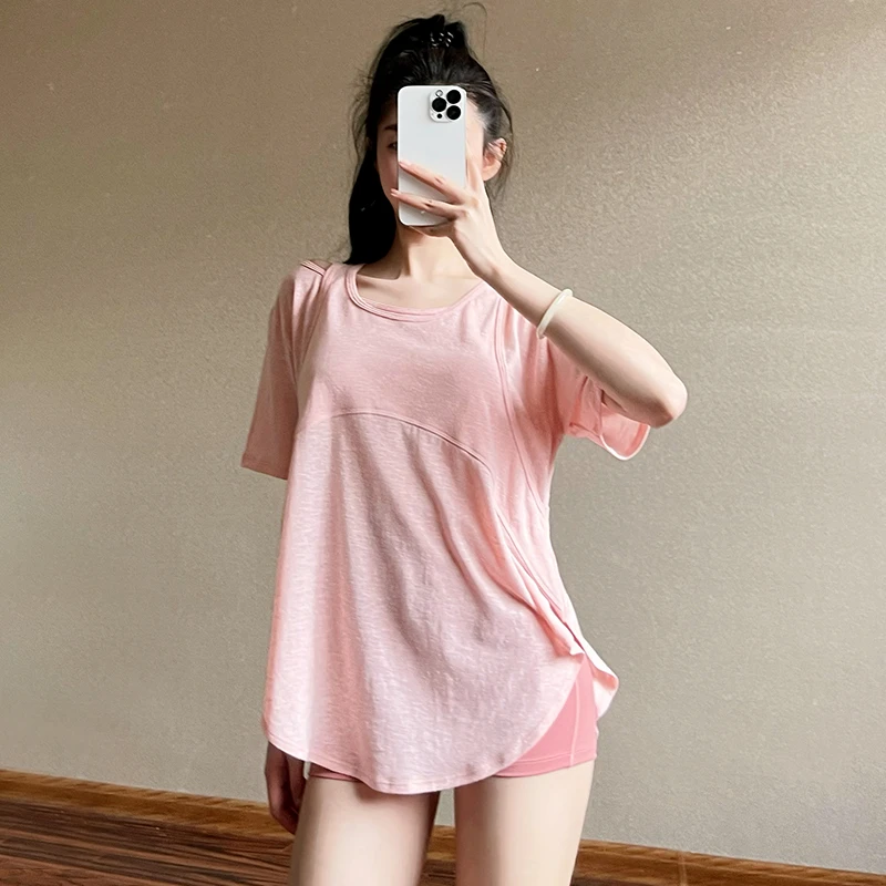 lulu健身短袖t恤女宽松运动罩衫长款粉色夏季速干跑步瑜伽服套装