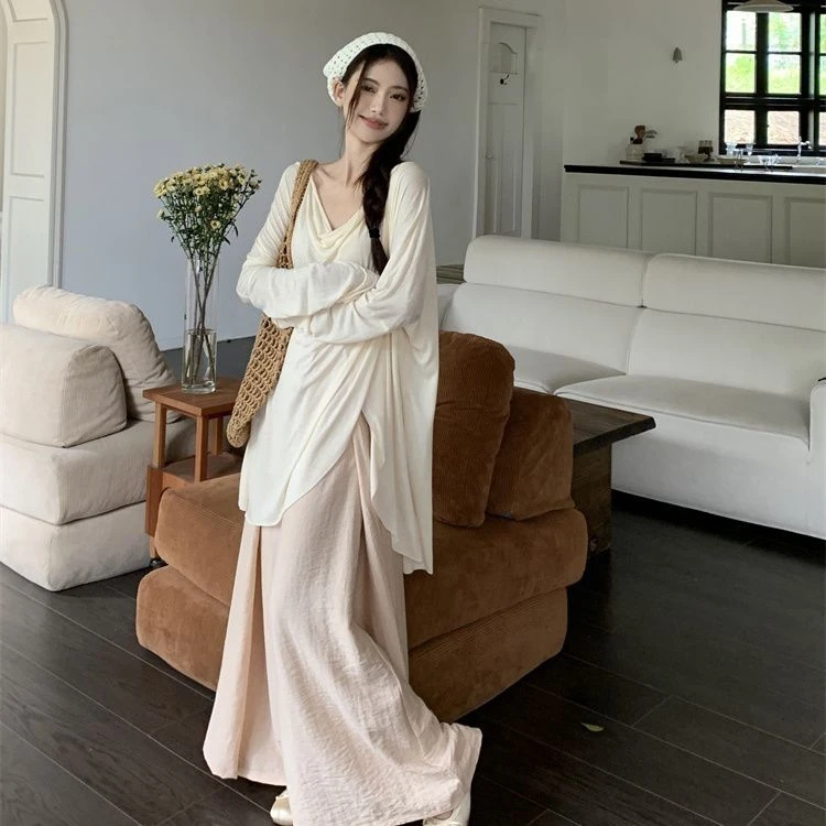 慵懒风套装女装秋季气质松弛感不规则罩衫恤阔腿裤裙两件套