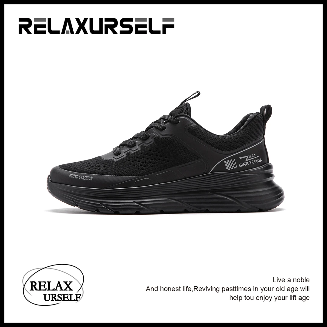 RELAXURSELF夏季百搭时尚休闲男士软底潮鞋黑色运动鞋跑步网面鞋