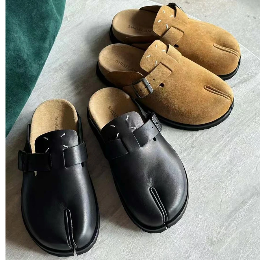 诗歌兰真皮勃肯鞋2024新款四点缝线扣带外穿分趾包头半拖穆勒鞋潮
