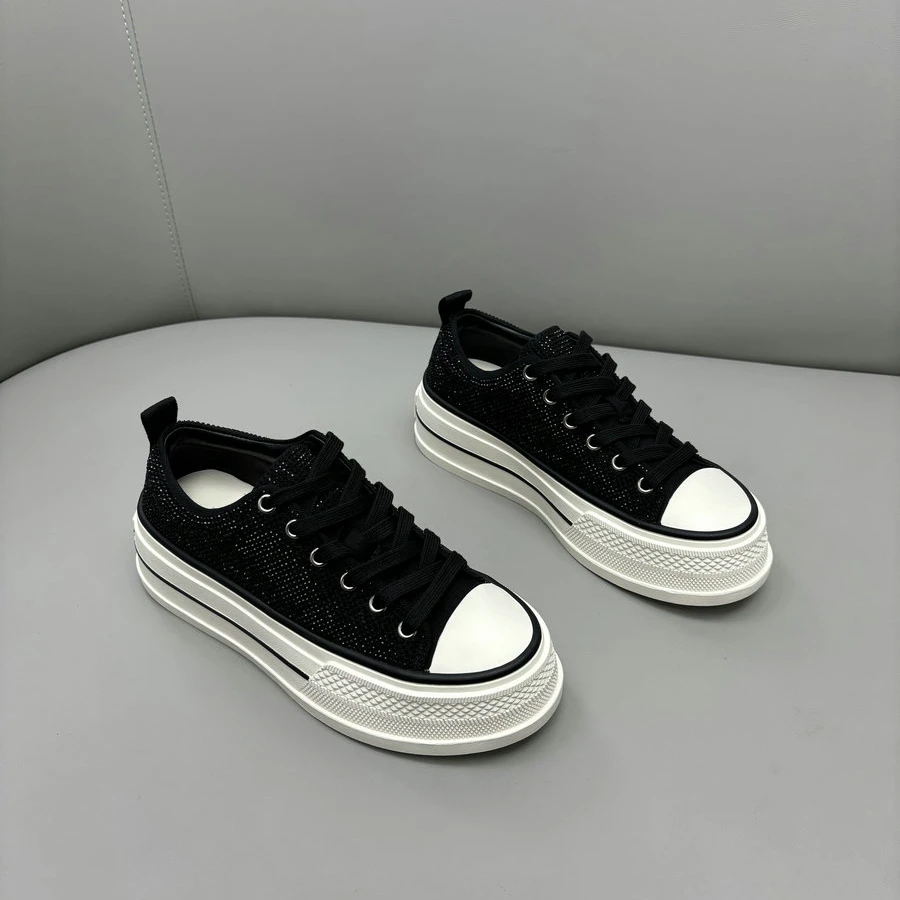 【欧货】真皮女鞋2024早秋新款时尚百搭休闲水钻厚底系带黑色板鞋潮