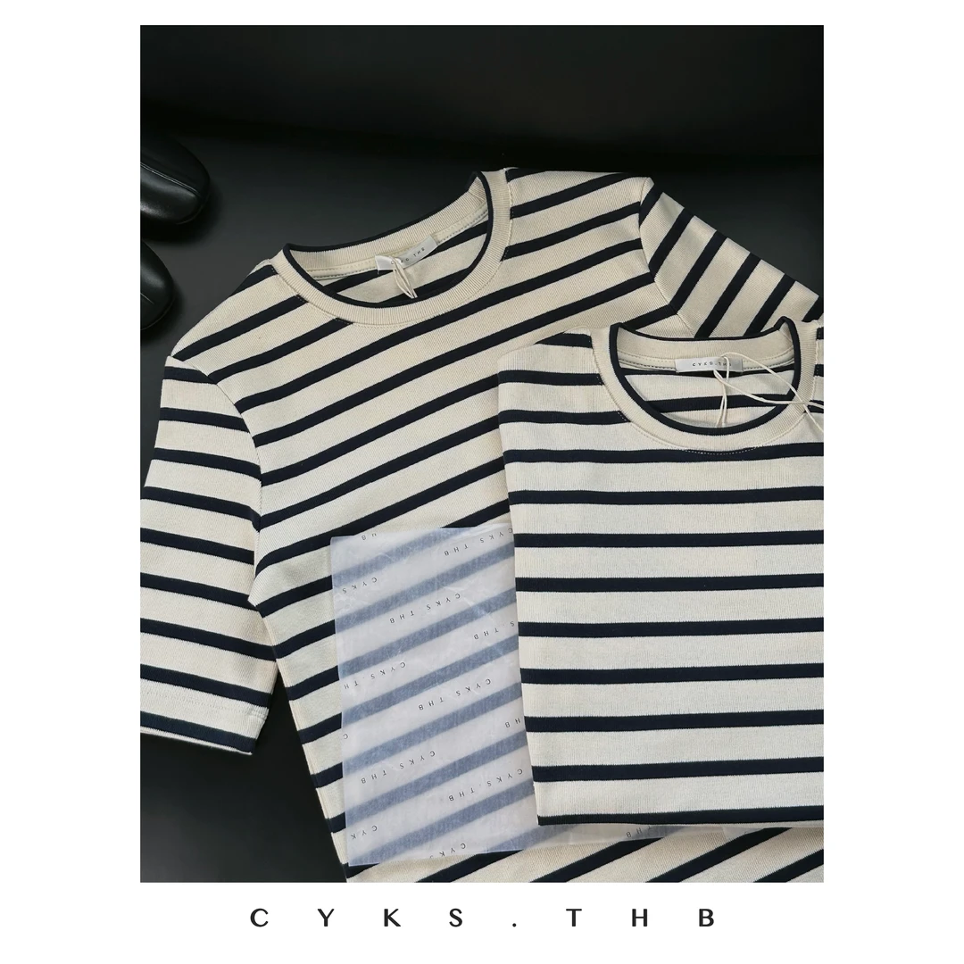 CYKS.THB | 秋季JS复古定制面料条纹短袖t恤打底衫女