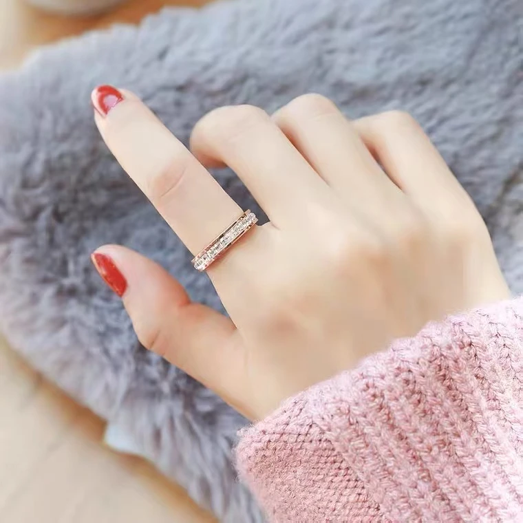 钛钢合成锆石戒指 20-10满天星锆石情侣指环轻奢潮流金色时尚ins