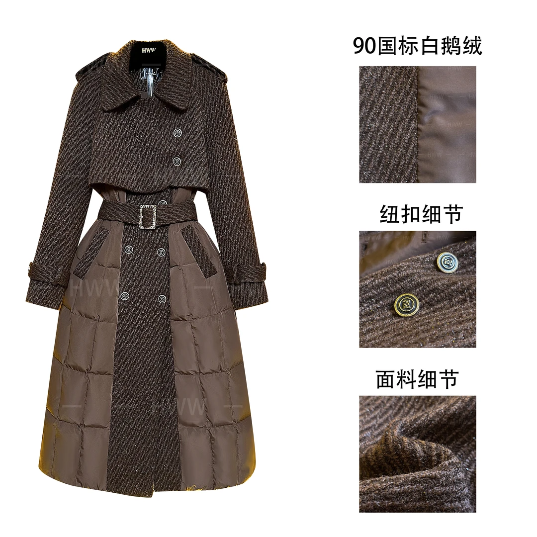 QHWW新英伦潮流时尚法式收腰假两件套羽绒服大衣HZ011袖子含鹅绒