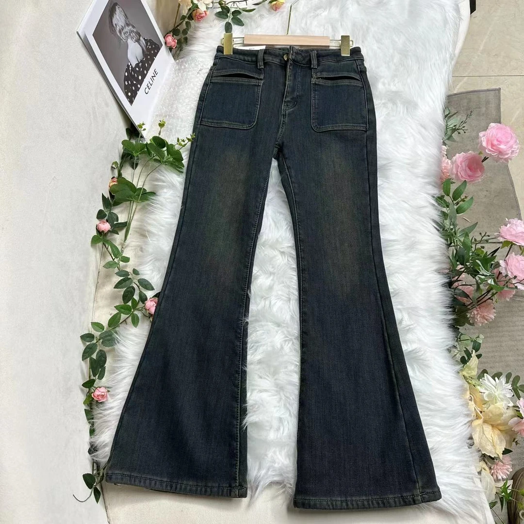 【晗姐专属】做旧牛仔冬季加绒高腰喇叭裤微喇 H6204 WU D