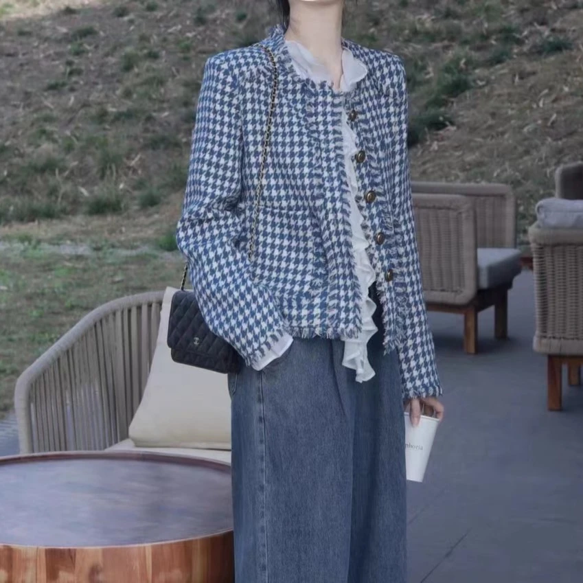 【晗姐专属】短款法式千鸟格小香风套装 H5229