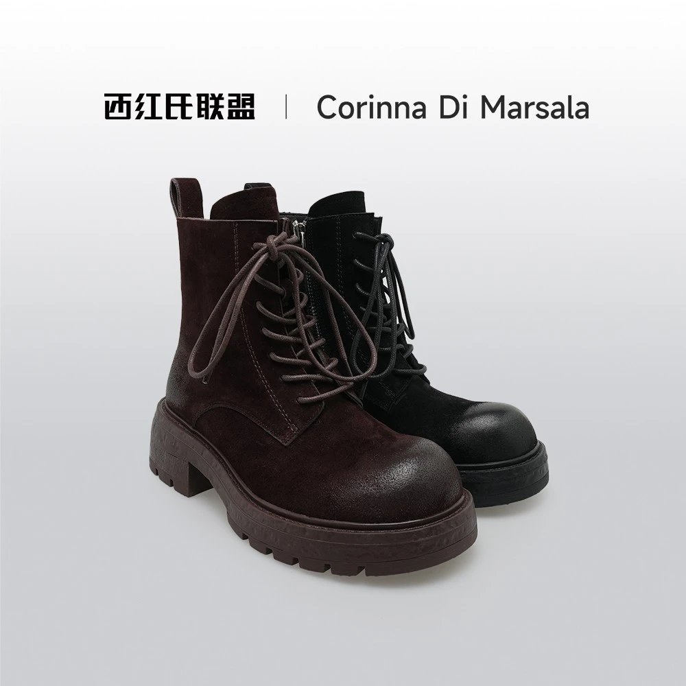 【西红氏联盟】复古英伦短靴磨砂圆头厚底马丁靴跟高5cm半码拍大