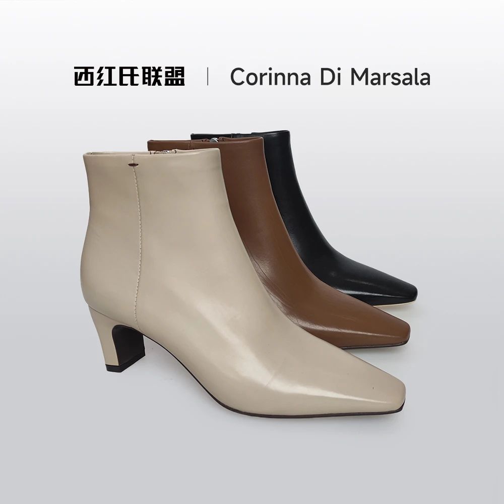 【西红氏】时尚真皮粗跟高跟百搭切尔西靴跟高4cm半码拍小