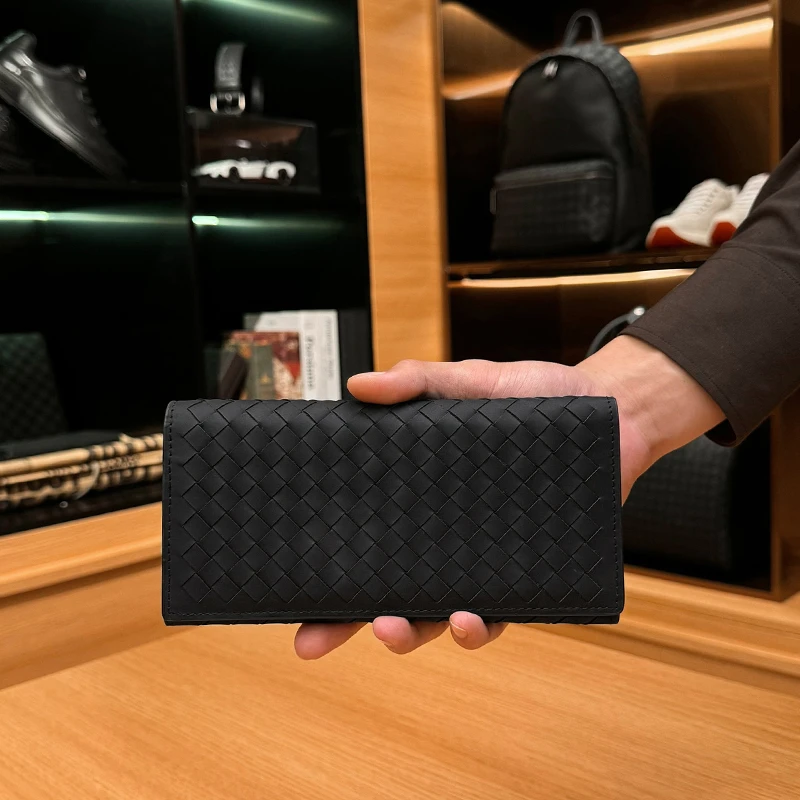 BOSOM VARVLE BV【胎牛皮】男士头层牛皮手工编织钱包黑色经典手包