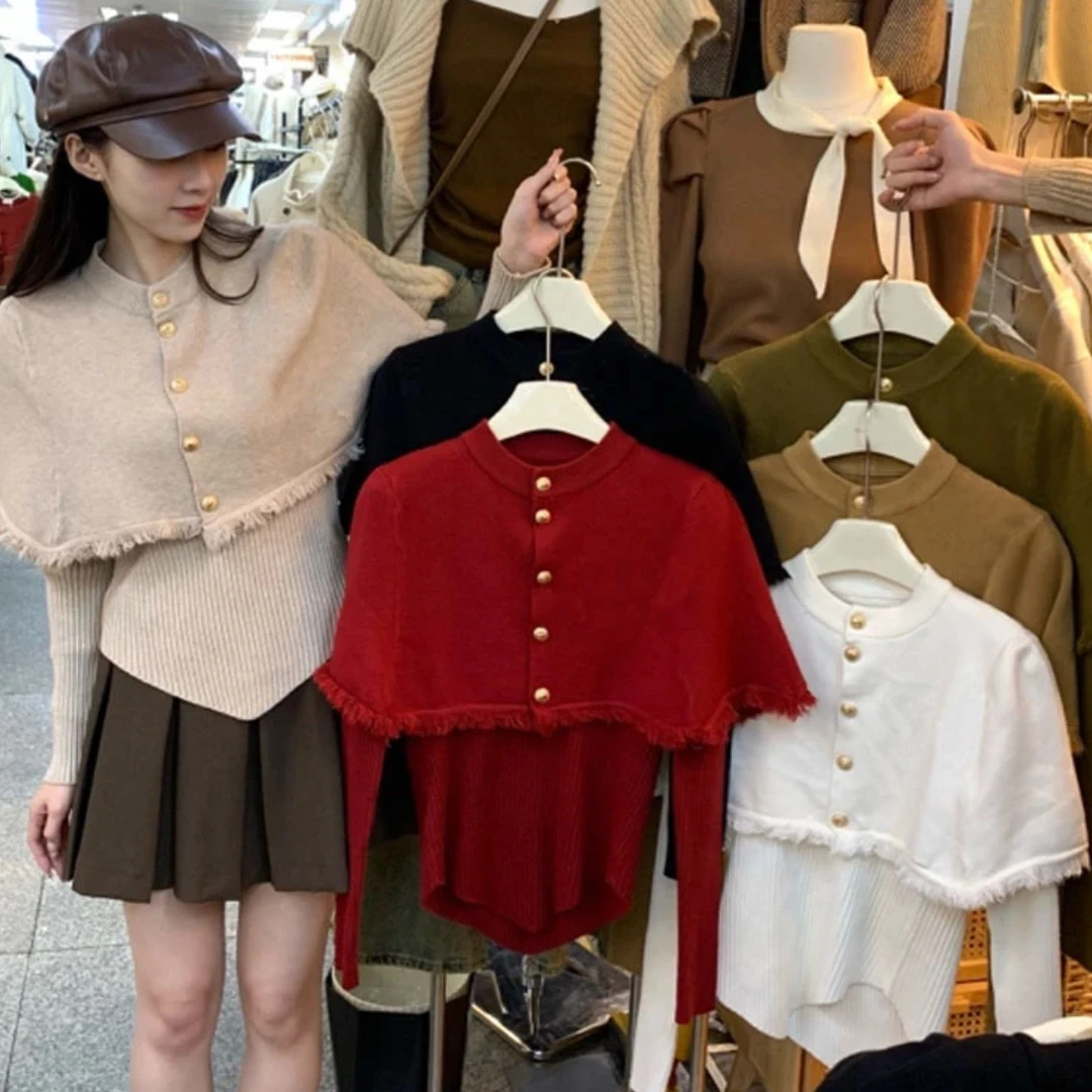 高端定制百搭时尚气质显瘦百搭复古斗篷洋气短款毛衣二件套上衣