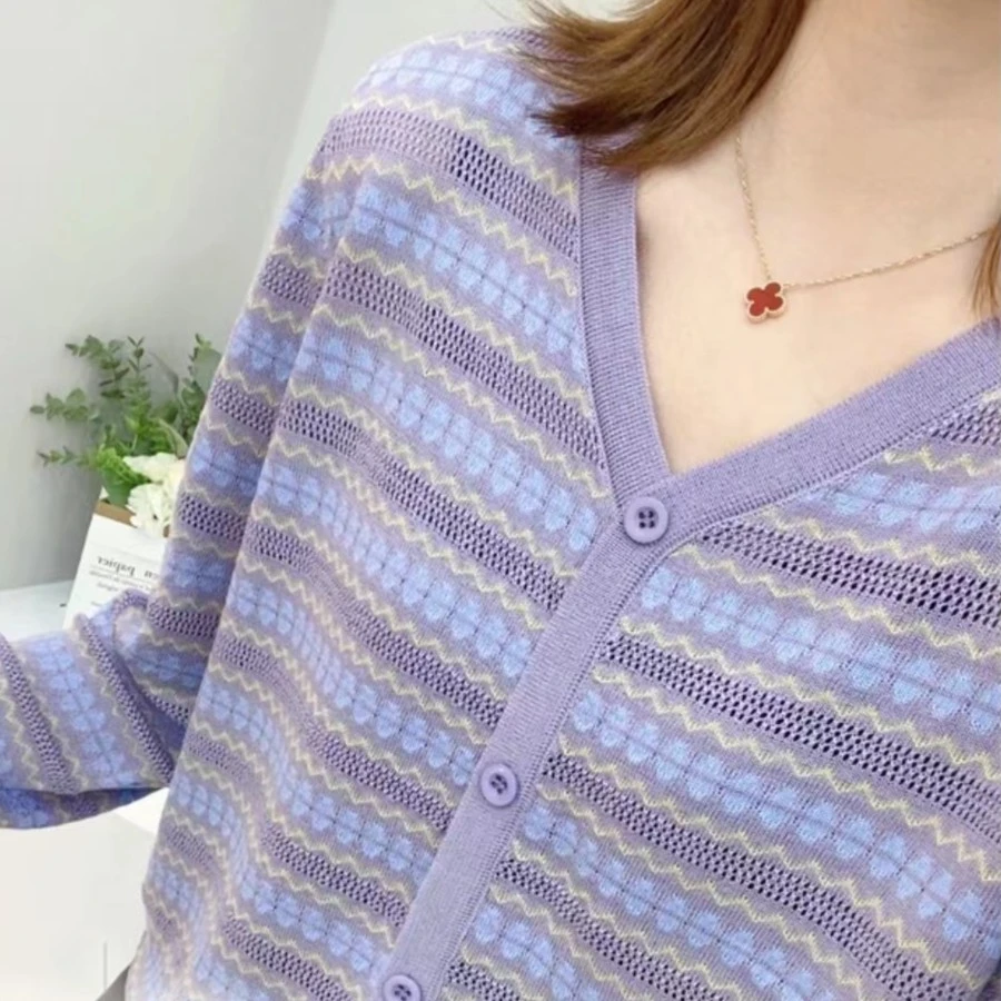 宽松显瘦【80-160斤】秋冬长袖毛衣女韩版条纹撞色保暖假开衫010