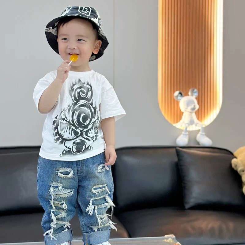 2024夏季新品款潮流复古破洞儿童牛仔裤直筒百搭宽松软糯男女同款