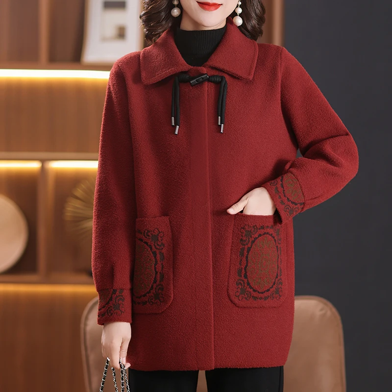 气质妈妈新款民族风韩国绒简约宽松毛呢子外套2024中老年女装大衣