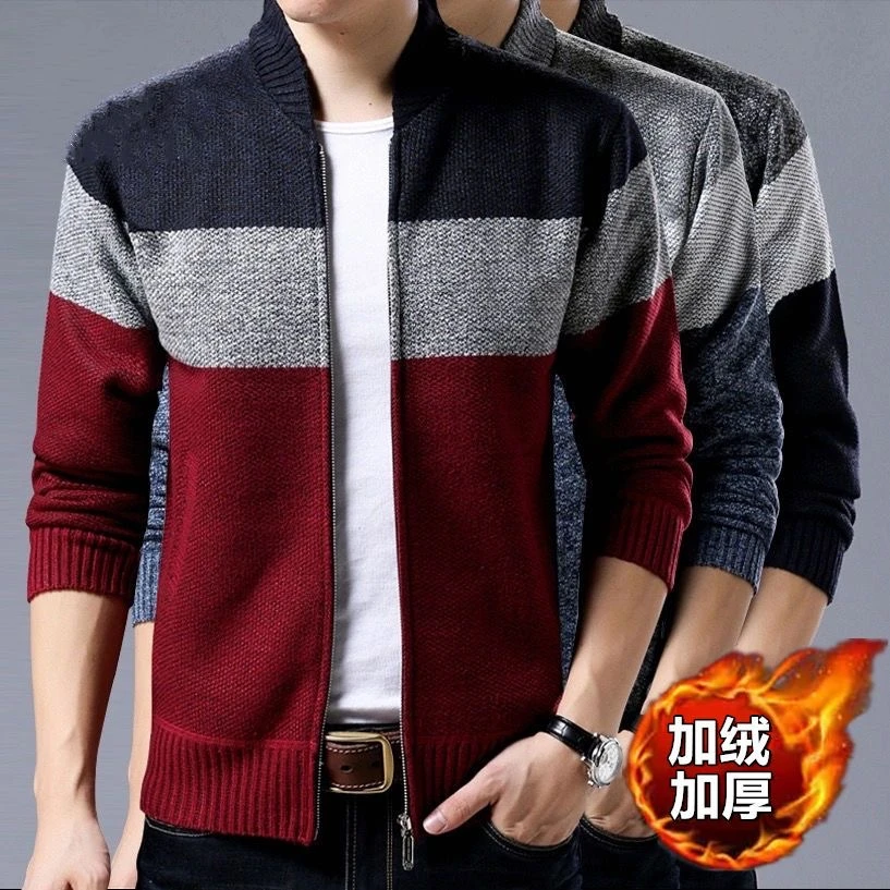加绒加厚秋冬新款男士开衫毛衣棒球领针织衫宽松大码休闲保暖外套